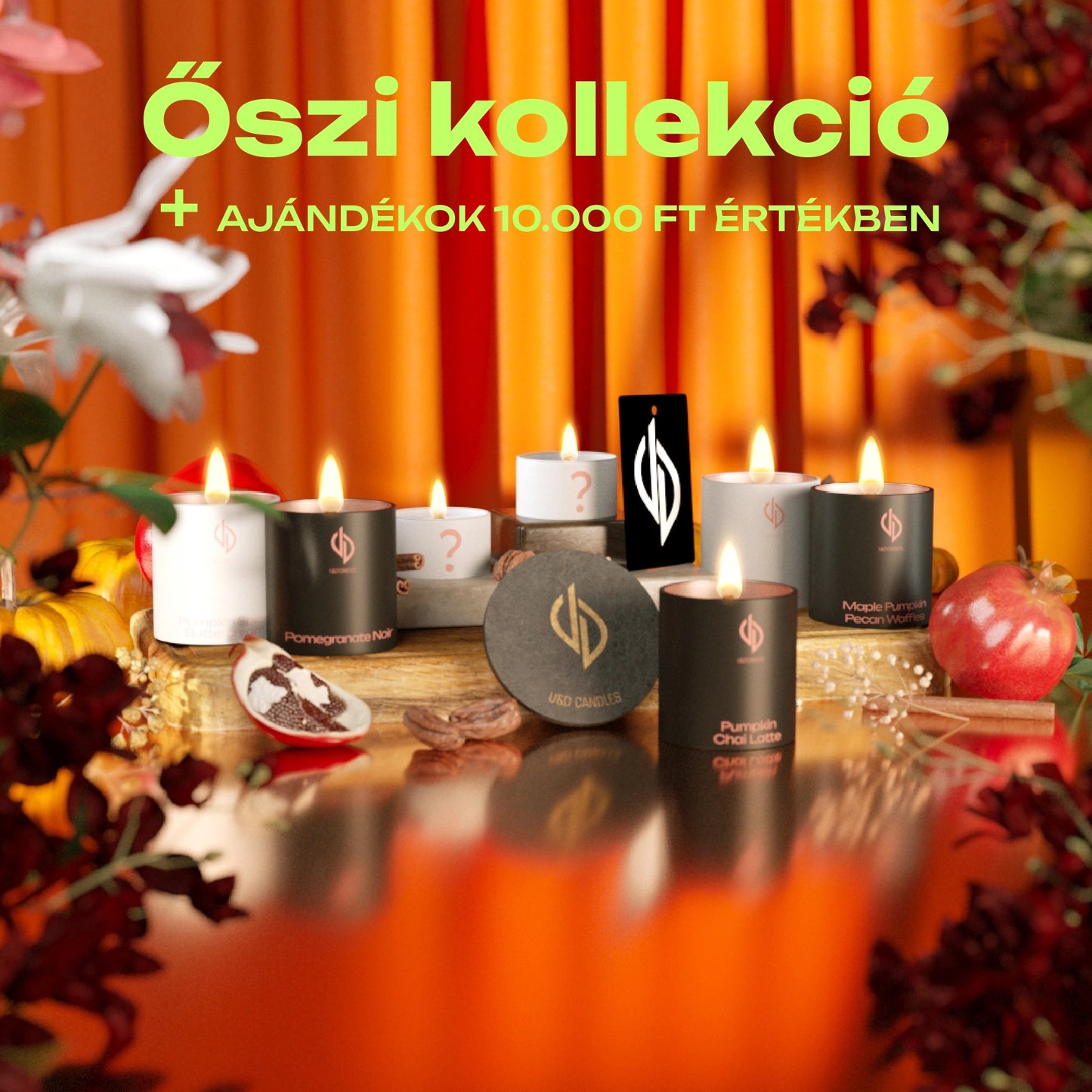 Őszi üvegtégelyes kollekció tartalma: Pumpkin Chai Latte, Pumpkin Spice Buttercream, Harvest Bliss, Maple Pumpkin Pecan Waffles, Pomegranate Noir + a hozzá járó ajándékok!