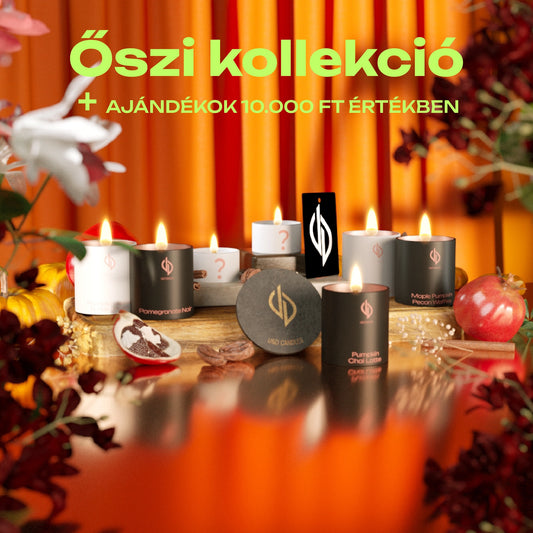 Őszi üvegtégelyes kollekció tartalma: Pumpkin Chai Latte, Pumpkin Spice Buttercream, Harvest Bliss, Maple Pumpkin Pecan Waffles, Pomegranate Noir + a hozzá járó ajándékok!