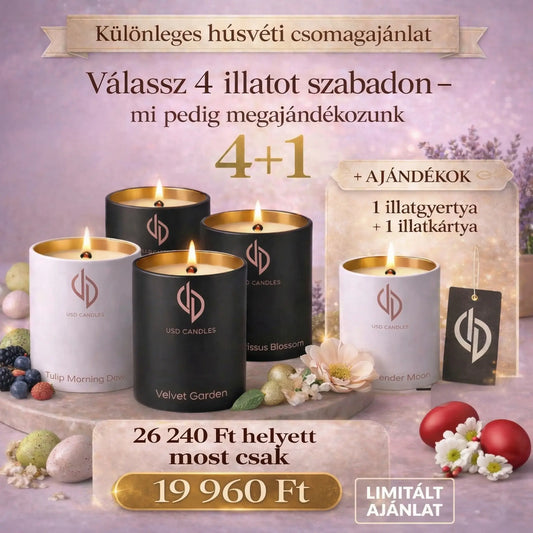 Húsvéti csomagajánlat!  Válassz 4 illatgyertyát szabadon, mi pedig megajándékozunk!
+1 ajándék illatgyertya +1 illatkártya! -
Az ajándékokat is Te választhatod ki! Nincs előre összeállított csomag – te döntesz minden illatról