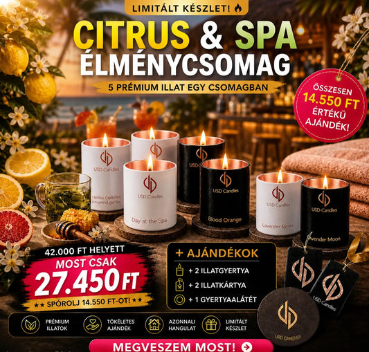 Citrus & Spa Élménycsomag,mely tartalmazza: Day at the spa, Green Tea & Lemongrass Ritual, Cactus Blossom, Royal Nectar & Applewood Honey, Blood Orange + a hozzá járó ajándékok