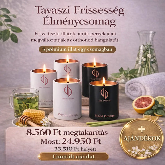 Tavaszi Frissesség Élménycsomag,mely tartalmazza: Day at the spa, Green Tea & Lemongrass Ritual, Cactus Blossom, Royal Nectar & Applewood Honey, Blood Orange + a hozzá járó ajándékok