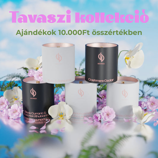 Tavaszi üvegtégelyes kollekció tartalma: Calabrian Lemon & Lilac Leaves, Vanilla Orchid, Yuzu & Satsuma,  Cashmere Cedar, Black Currant & Victorian Rhubarb + a hozzá járó ajándékok!